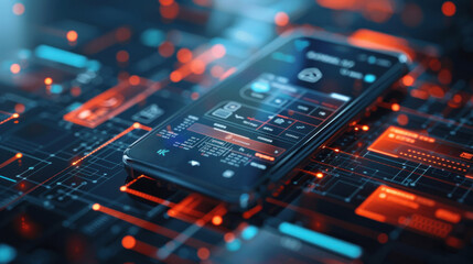 Fototapeta premium Digital banking concept with a smartphone showing a banking app and virtual transactions, representing modern financial services