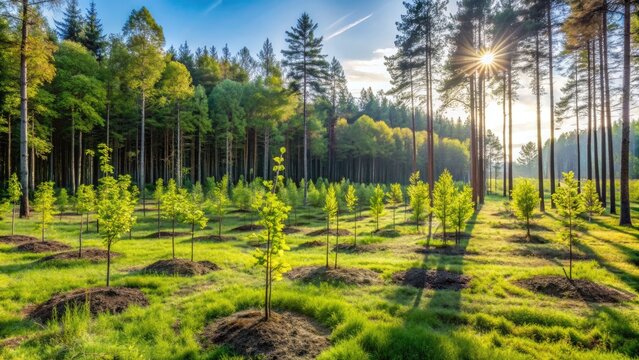 Serene mixed forest landscape with newly planted saplings amidst mature trees, symbolizing sustainable growth and environmental conservation efforts in nature reserve.