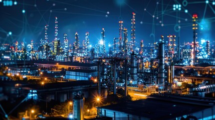 Nighttime view of an illuminated industrial complex with digital network overlays