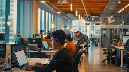 Developers coding on laptops in a sleek, modern office filled with technology and smart devices, emphasizing a tech-savvy culture