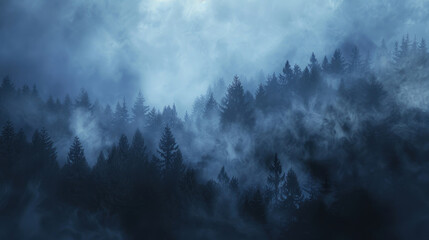 Dense fog rolling over a serene forest, creating a mystical and peaceful atmosphere