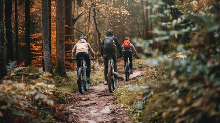Naklejka premium Cyclists riding along a forest path, capturing the essence of outdoor activities and fitness in nature