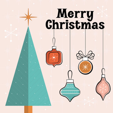 Mid Century Modern 1950s Christmas Ornaments and tree. Merry Christmas Clipart