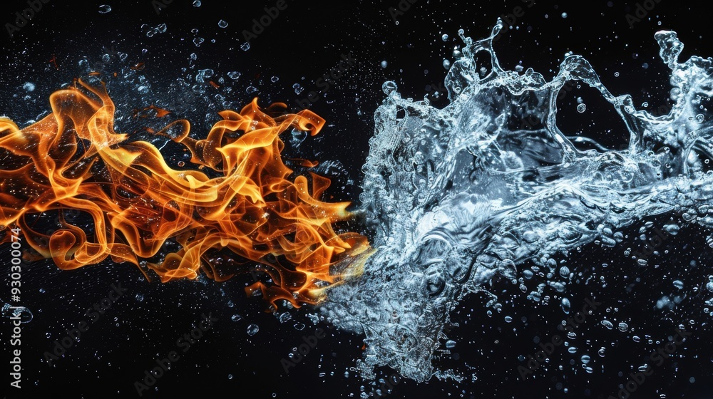 Poster a dynamic clash between fire and water, creating a visually striking contrast of elements and forces