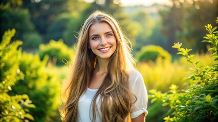 Naklejka premium A stunning young woman with long hair and bright smile, surrounded by lush greenery, standing confidently in a serene natural landscape.