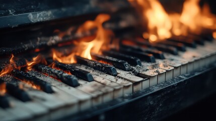A visually intense image of a piano being consumed by flames, with the fire engulfing the keys, symbolizing destruction and the impermanence of art and creation.