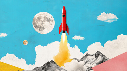 Art collage. Launch of a red rockets. Successful defeat competition concept. Leadership, leading to success or business vision concept