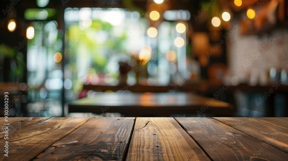 Poster a rustic wooden table in a cozy cafe with a blurred background, creating a warm and inviting atmosph