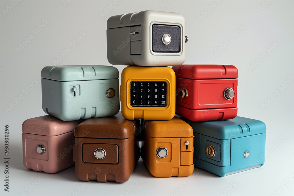 Aufkleber stacked mini safes in various colors, each with a unique keypad, representing personal and customiza