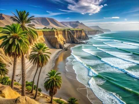 Sandy beach and lush palm trees line the scenic coast of Chicama, Peru, with dramatic cliffside views of the turquoise Pacific Ocean in the background.