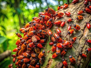 Obraz premium Vibrant red insects congregate on a rugged tree trunk, their tiny bodies forming a striking cluster amidst the forest's lush green foliage and dappled sunlight.