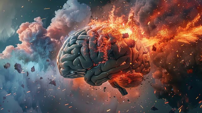 A surreal depiction of a brain exploding with energy and elements, symbolizing creativity or mental power.