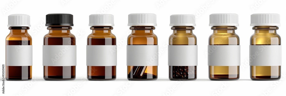 Aufkleber a row of six bottles with white labels. the bottles are all different colors and sizes