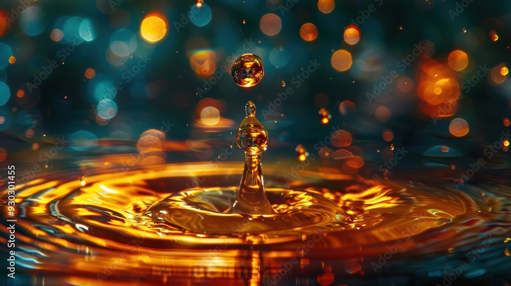 Poster a water droplet splashing with vibrant bokeh lights in the background, creating a mesmerizing and co