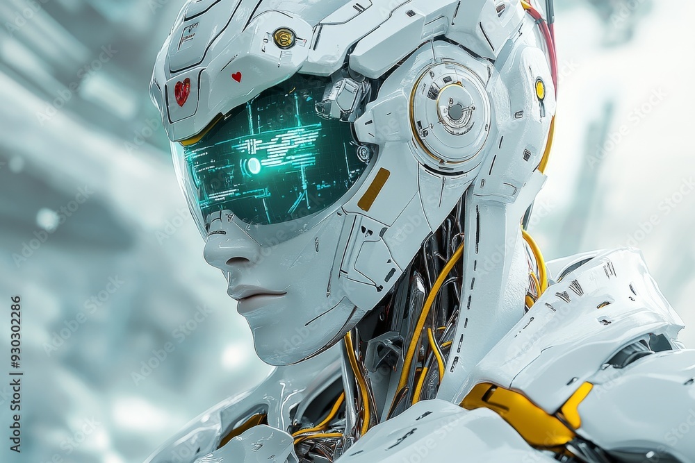 Aufkleber advanced robotic figure with intricate detailing exploring futuristic aesthetics against a blurred u