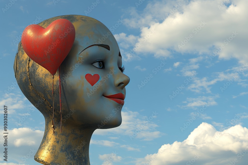 Poster surreal robotic head adorned with heart blending art and technology under a serene sky
