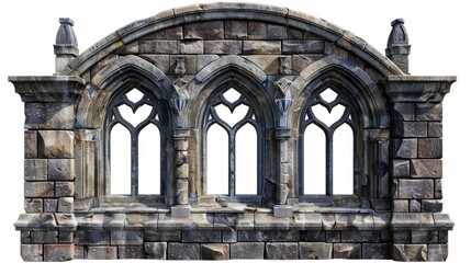 Obraz premium Detailed Gothic stone window with multiple arches and intricate designs in daylight