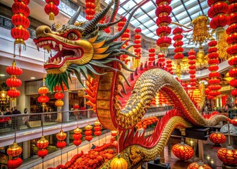 Fototapeta premium Vibrant Chinese New Year decorations featuring a majestic dragon and red lanterns adorn upscale stores inside a luxurious Kuala Lumpur shopping mall.