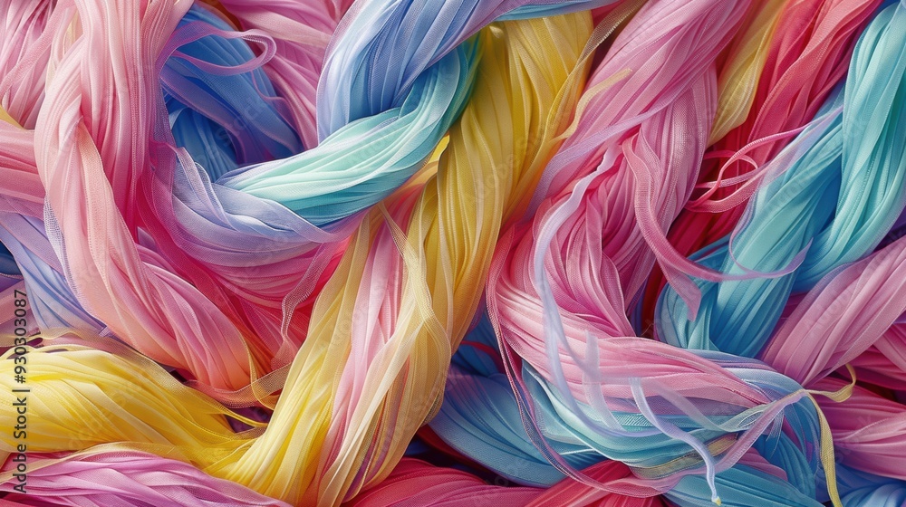 Aufkleber close-up of pastel-colored ribbons twisted together, creating a soft and visually pleasing pattern w