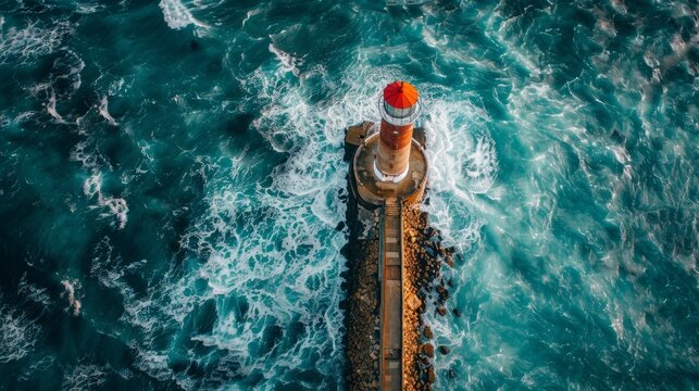 Lighthouse standing tall on a rocky pier amid crashing waves at sunset