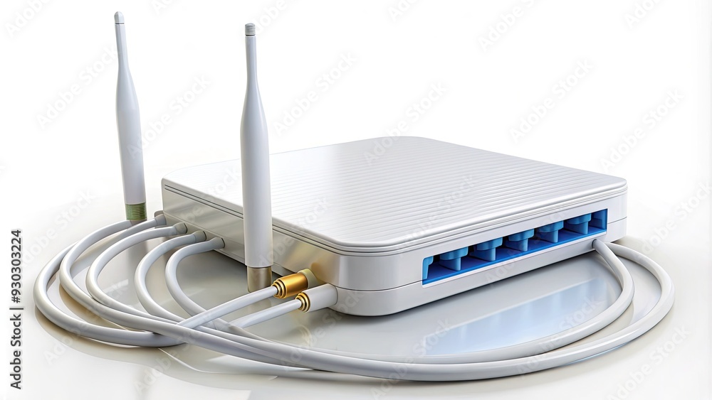 Poster modern white wi-fi router with inserted internet cable and connected network and power cables, showc