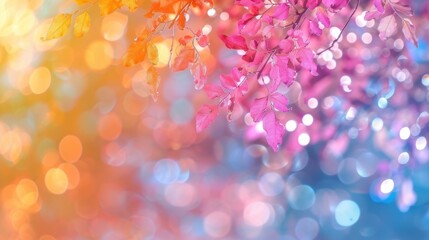 Autumn leaves in shades of orange, pink, and purple against a bokeh background, creating a dreamy and whimsical atmosphere.
