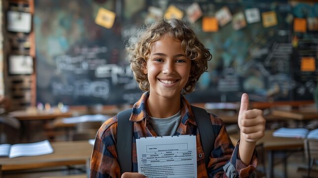 A student standing in front of a chalkboard, giving a thumbs up while holding a high grade report card, with desks and learning materials in the background, symbolizing academic success,
