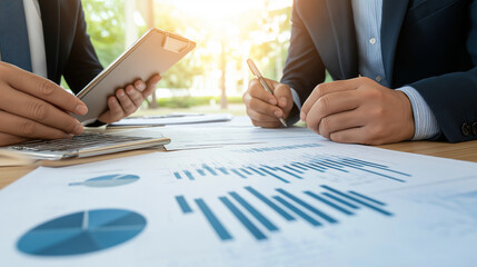 Business people and colleagues brainstorm together analyzing charts, financial reports and market growth graphs to plan new business investment strategies. Meeting to discuss statistical analysis.
