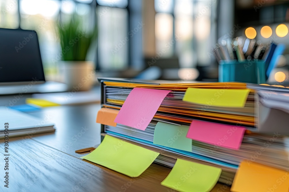 Aufkleber a stack of files with colorful sticky notes. perfect for illustrating organization, planning, and re