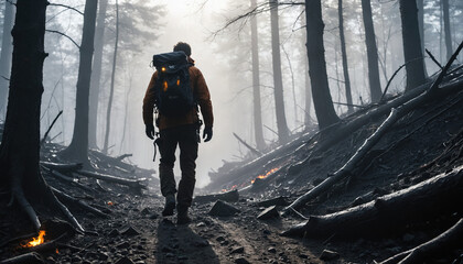 Obraz premium Ember Forest Unknowns in Foggy Winter: The Pathfinder's Globetrot Immersed in Landslide