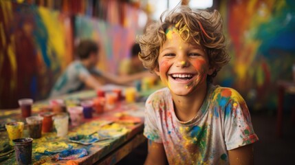 A laughing child covered in paint during an art class, surrounded by colorful artwork and paint supplies, showcasing creativity and joy.