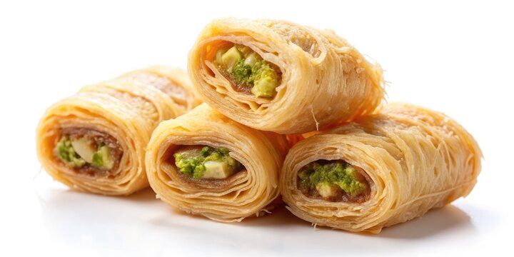 Delicate, crunchy kadaif finger pastry wrapped around sweet, gelatinous Turkish delight, isolated on a clean white background, with a soft, natural light.