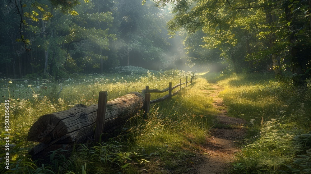 Poster Tranquil forest path with sunlight filtering through trees at dawn