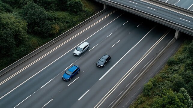 Three cars navigate the motorway under a bright sky, as one approaches an underpass while the other two continue smoothly along the roadway