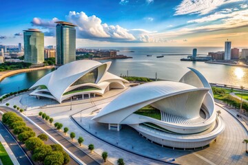 Fototapeta premium Sweeping curves define five sleek white buildings in a cultural complex, featuring an auditorium, tower, and exhibition spaces, in a scenic coastal city setting.