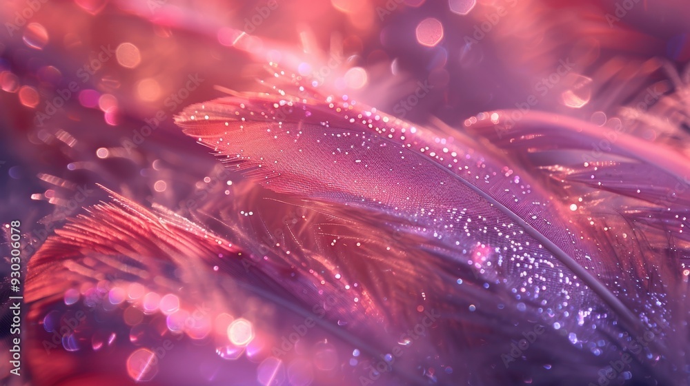 Poster close-up of pink feathers adorned with glitter, showcasing a dreamy and delicate texture with soft b