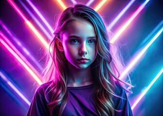 Vibrant portrait of a young girl posing against a radiant light purple background, surrounded by mesmerizing neon lights, with mixed effects, in a silhouette style, evoking art, modernity