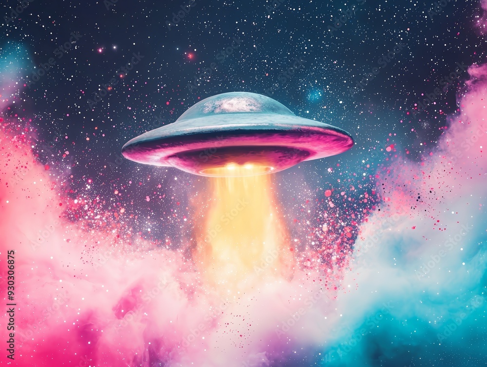 Poster UFO in a colorful sky.