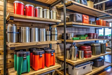 Obraz premium Assortment of outdoor products, including insulated chests and stainless-steel drinkware, showcased on display shelves at a downtown retail store in Texas.