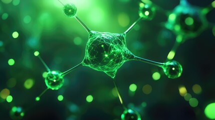 Abstract green glowing spheres. Represents connection, network, or science.