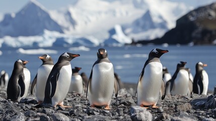 Obraz premium A Group of Gentoo Penguins Standing on a Rocky Shore in Antarctica