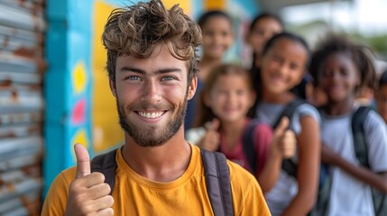 Fototapeta premium A volunteer giving a thumbs up while distributing backpacks to children at a charity event, with smiling kids and parents in the background, symbolizing the joy of giving,
