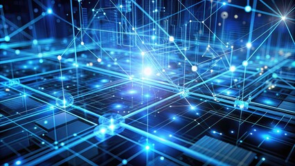 Fototapeta premium Futuristic abstract blue background with intricate network lines and circuits, conveying a sense of high-tech connectivity and digital communication in a 3D rendered scene.