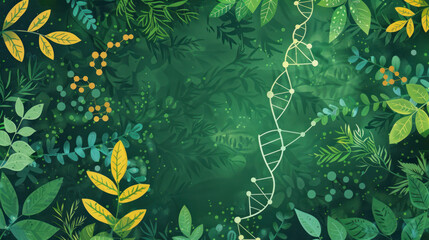 Botanical elements with DNA strands and molecular structures on a green background, illustrating biochemistry