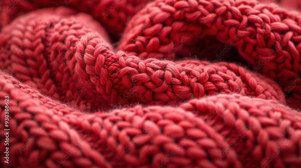 Poster a detailed close-up of a red knitted fabric, showcasing the intricate texture and weave of the soft 