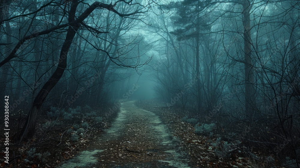 Poster foggy forest path with bare trees and muted colors at dawn
