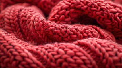 A detailed close-up of a red knitted fabric, showcasing the intricate texture and weave of the soft material.