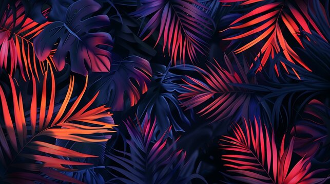 Seamless Miami night tropical pattern black foliage on sunset blur. High quality illustration. Swim, sports, or resort wear repeat print. Dark foreground on blurred background. Dark vibrant colors