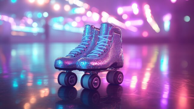 Sparkly roller skates on rink floor. Use this image for retro and fun themed designs, social media posts, and websites.