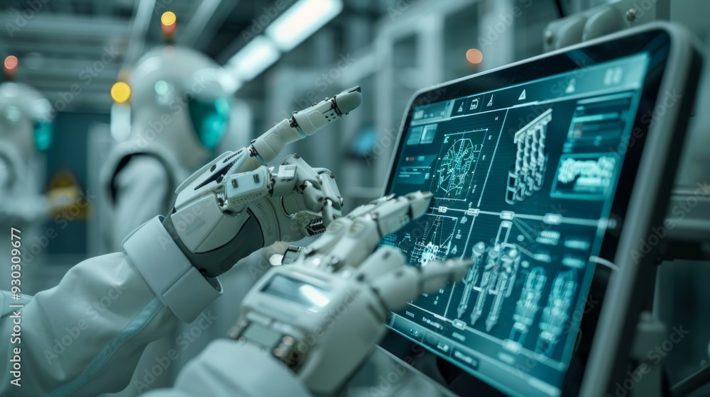 Aufkleber several industrial engineers use a touchscreen interface to manage a series of precision robotic arm